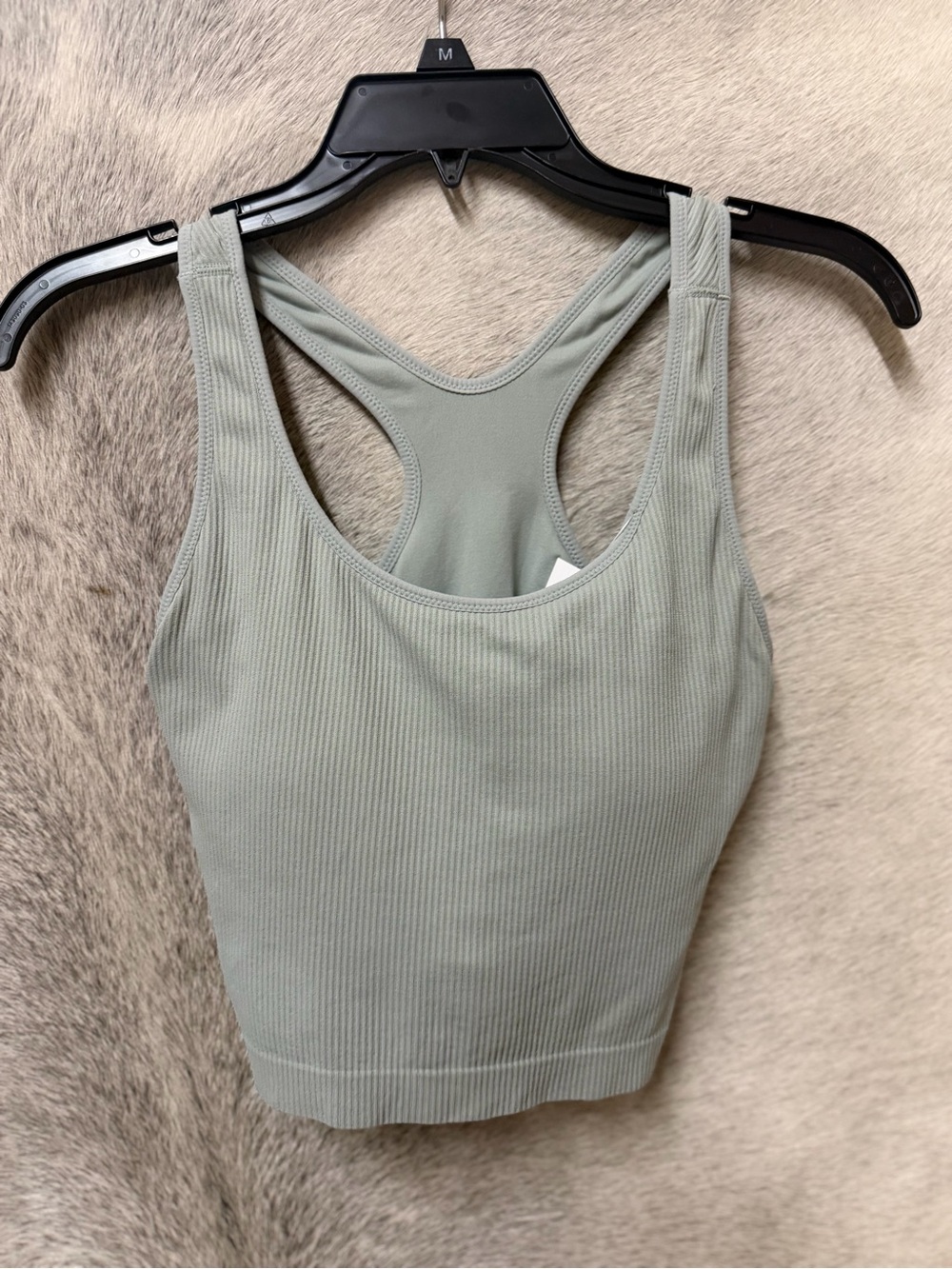 CALIA by Carrie Underwood Ribbed Racerback Crop Tank built in bra in Sage Green